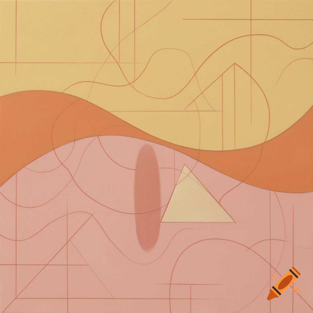 Abstract painting with a wavy line dividing warm yellow and pink hues, overlaid with thin geometric and curvilinear lines, a soft oval, and a translucent triangle.
