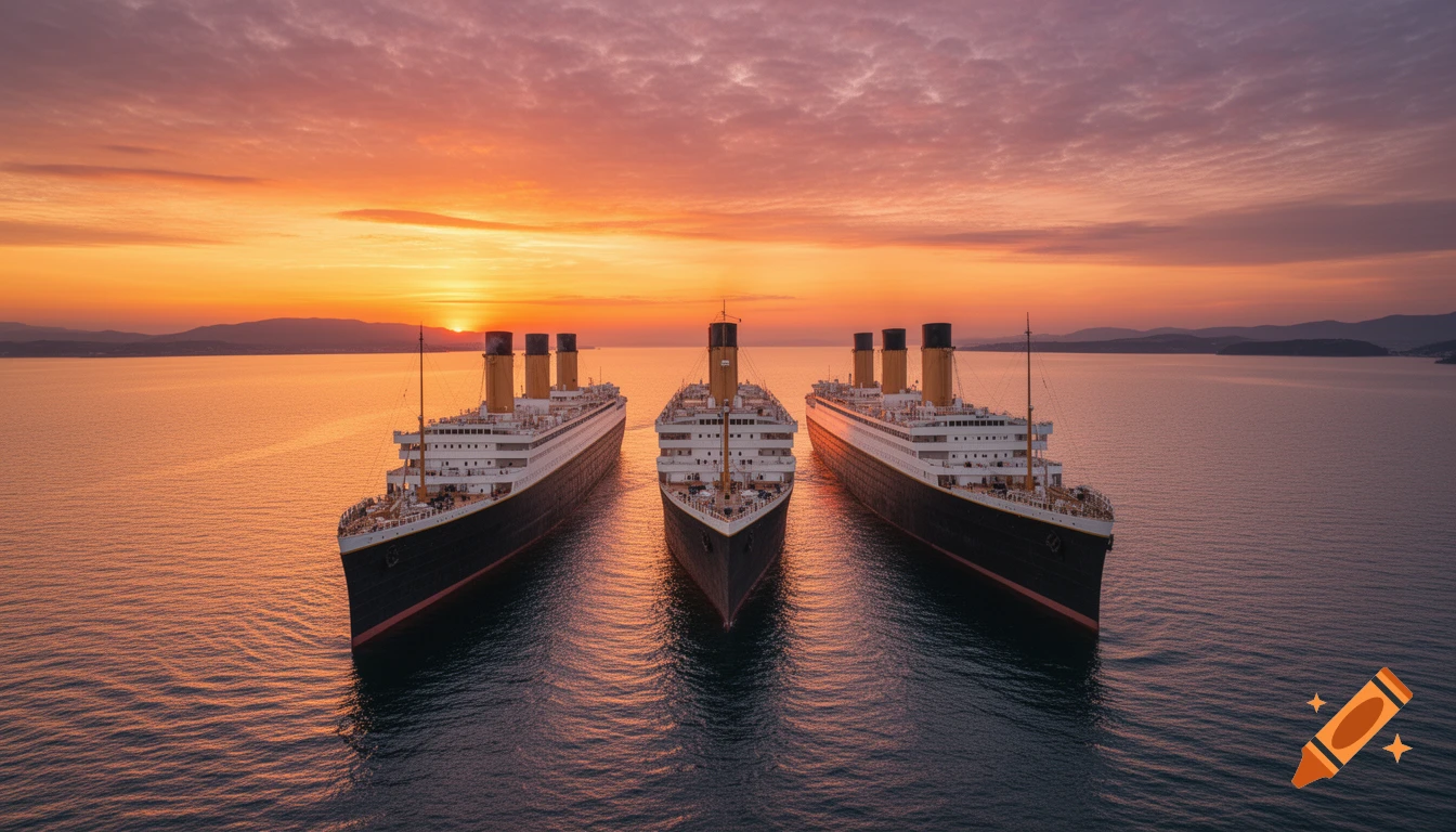 Three grand ocean liners, reminiscent of the Olympic-class ships, majestically sail side-by-side on the open sea under a fiery orange sunset.