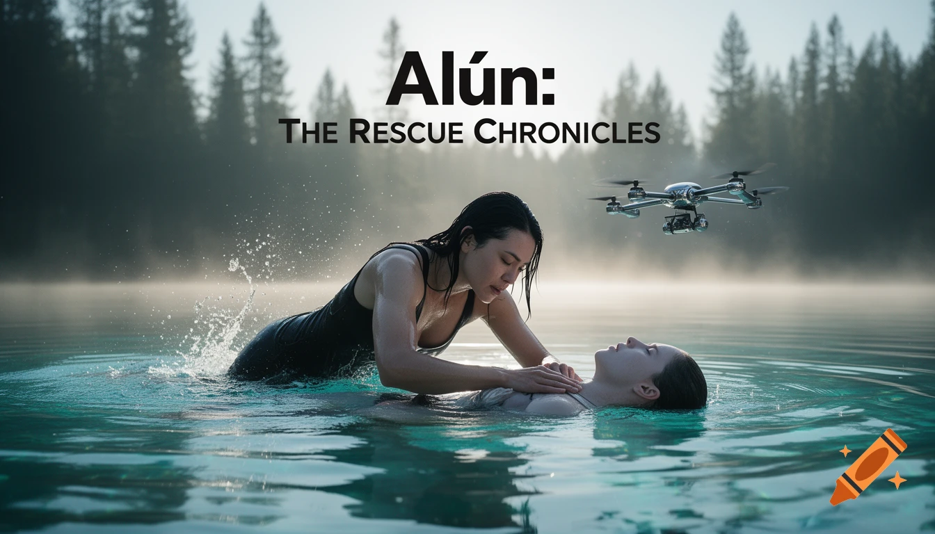 A woman rescues another in a misty lake, with a drone overhead. Text: Alún: THE RESCUE CHRONICLES.