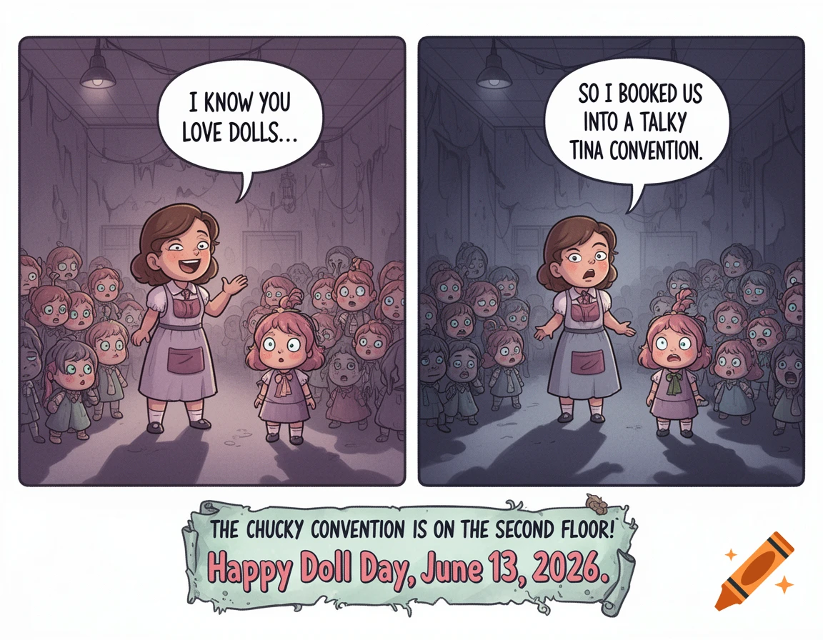 A two-panel comic shows a mother and daughter amidst creepy dolls at a 'Talky Tina' convention, in a cute illustration style.