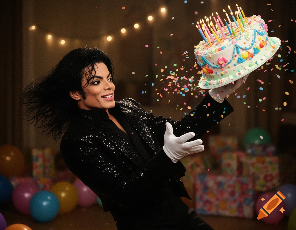 Michael Jackson in a sequined jacket smiles, holding a birthday cake with lit candles as colorful confetti flies around him at a party.