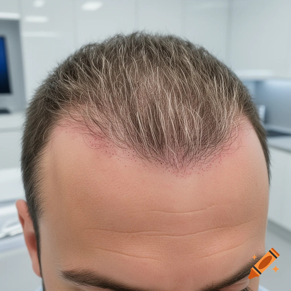 Close-up of a person's forehead showing a recent FUE hair transplant with visible new follicles and redness.