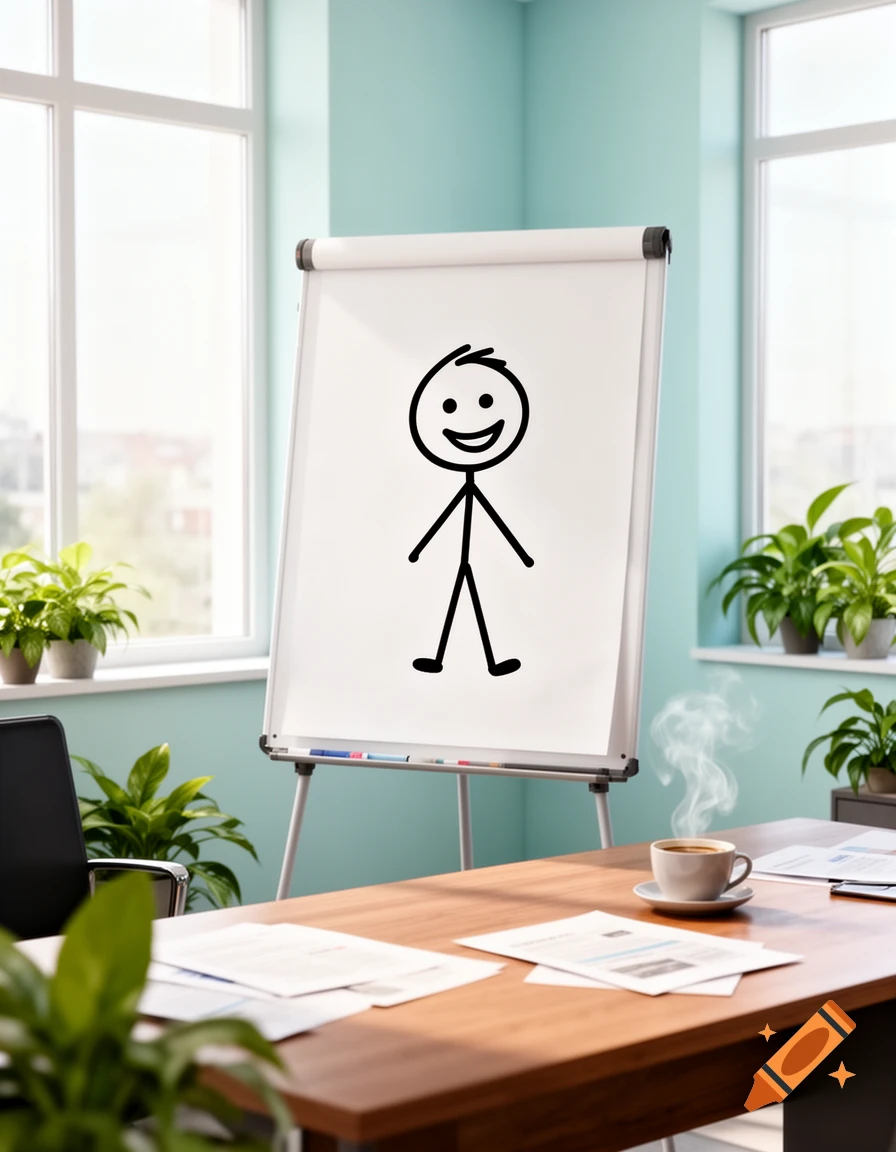 A simple smiling stick figure drawing on a flipchart in a bright office with a wooden desk and plants.