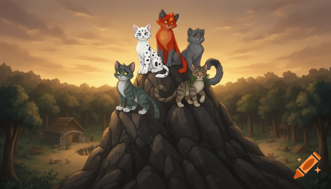 Five stylized warrior cats proudly sit on a rocky hill, overlooking a forest camp at sunset in a digital illustration.