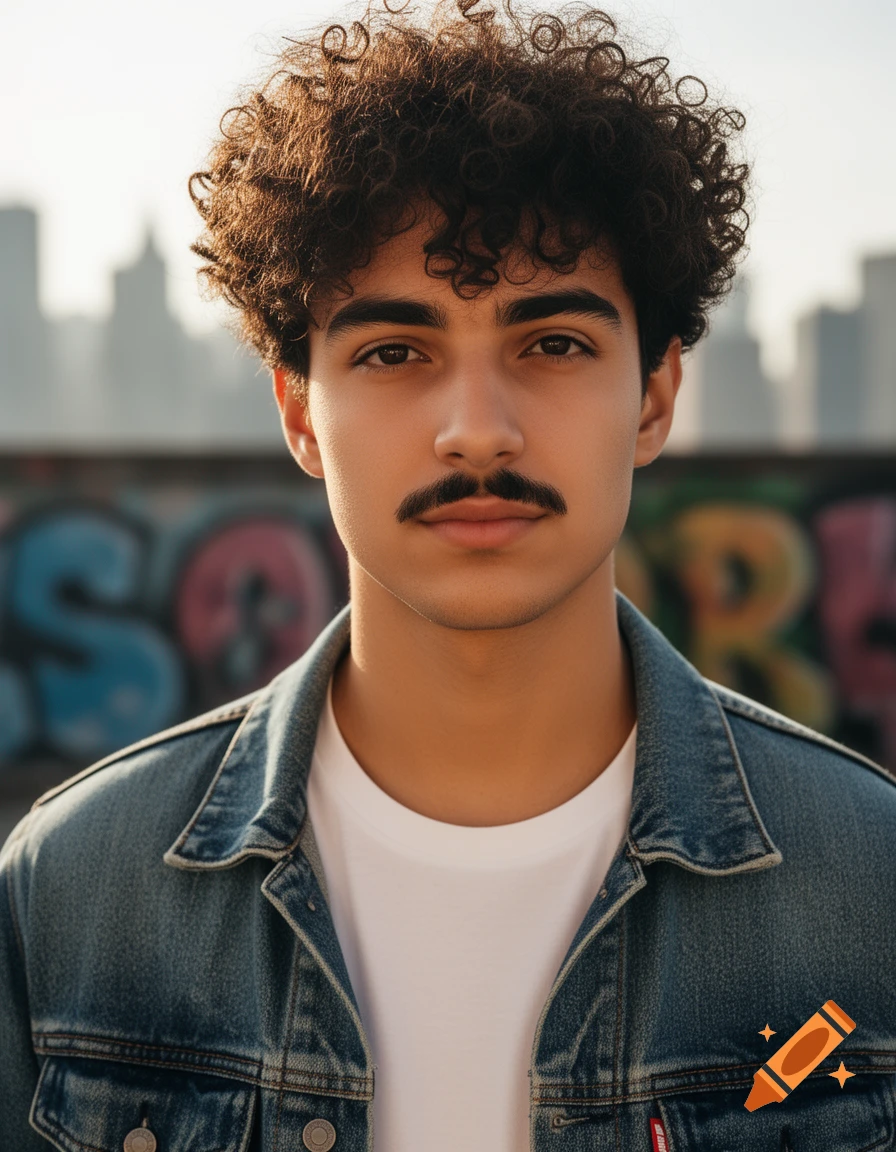A young man with curly hair and a mustache wearing a denim jacket stands in an urban setting with graffiti.