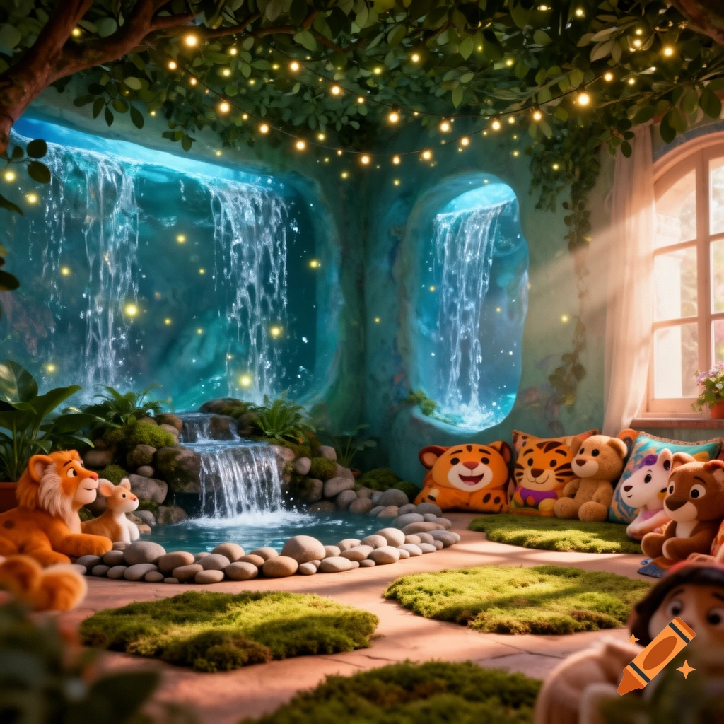 A magical, cozy room with glowing waterfalls, string lights, lush greenery, and plush animal toys around a small pond.