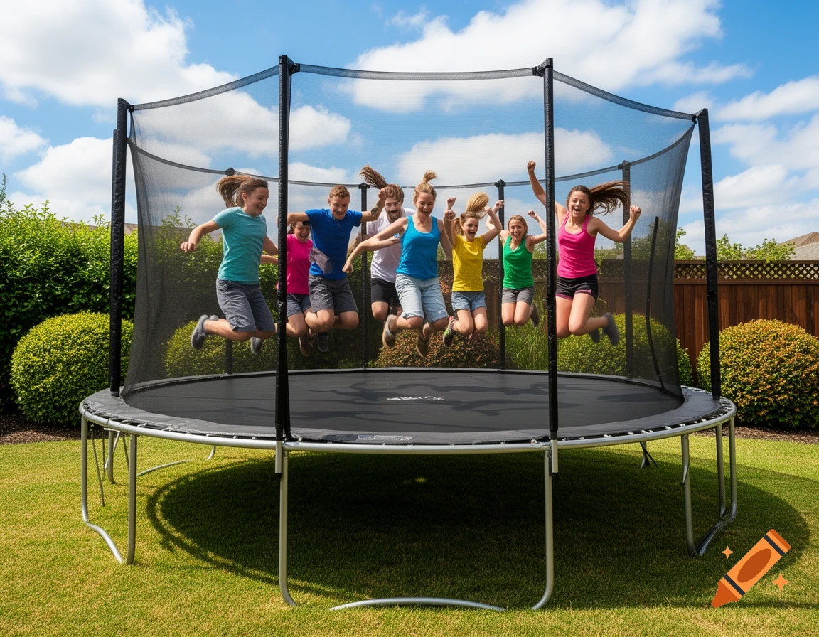A group of happy children and adults jumping on a large trampoline in a sunny green backyard.