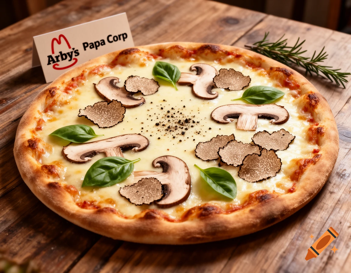 A delicious truffle and mushroom pizza sits on a rustic wooden table with an 'Arby's Papa Corp' card nearby.