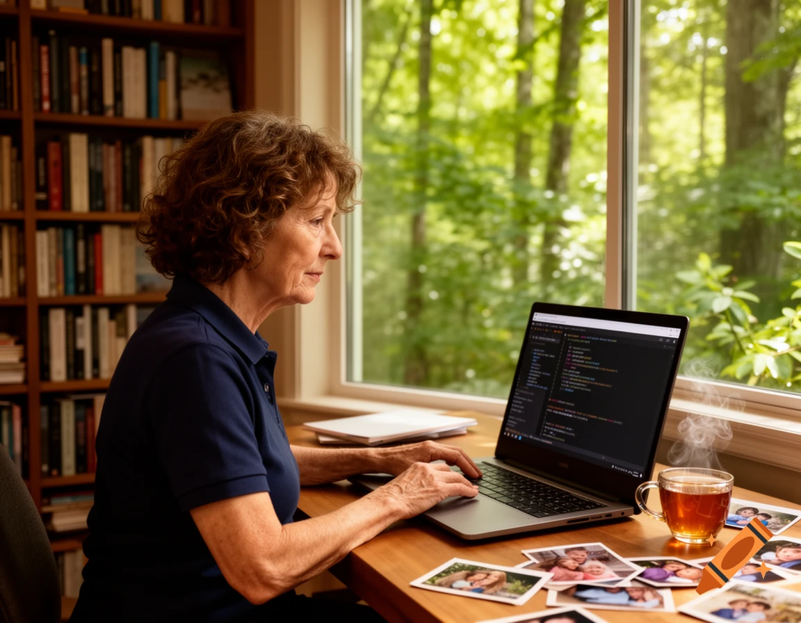 An older woman with curly brown hair works on a laptop showing programming code at a desk by a window overlooking trees. Family photos and a cup of tea are on the desk.