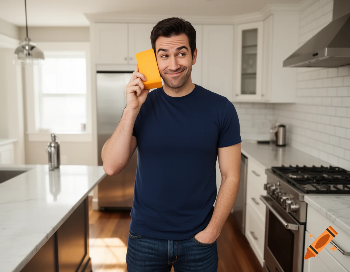 A smiling man holds a large block of cheddar cheese to his ear like a phone in a modern kitchen.