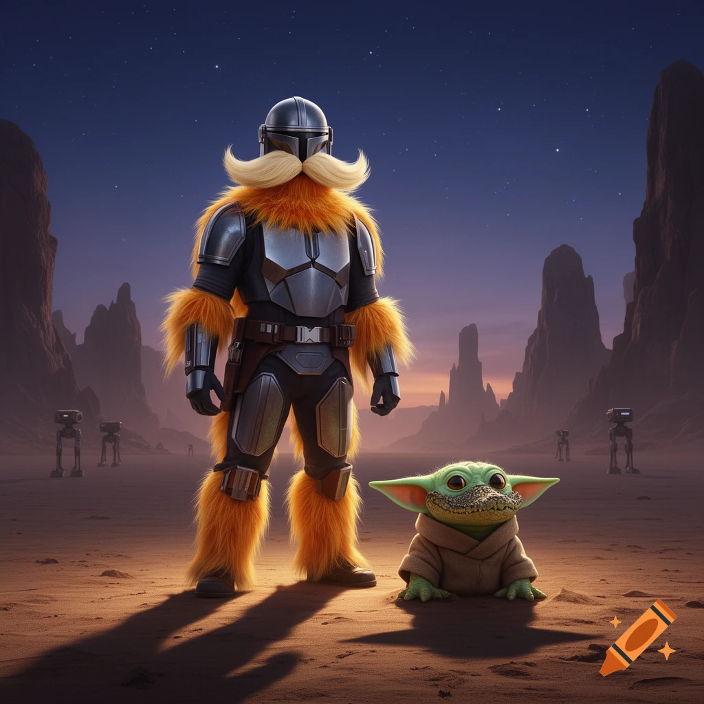 A Mandalorian-Lorax hybrid with a large blonde mustache stands next to a Grogu-crocodile hybrid on a desert planet at dusk.