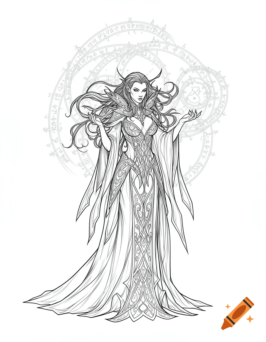 Clean line art of a female Dhampir sorcerer in an elaborate gown with flowing hair and a magical circle background.