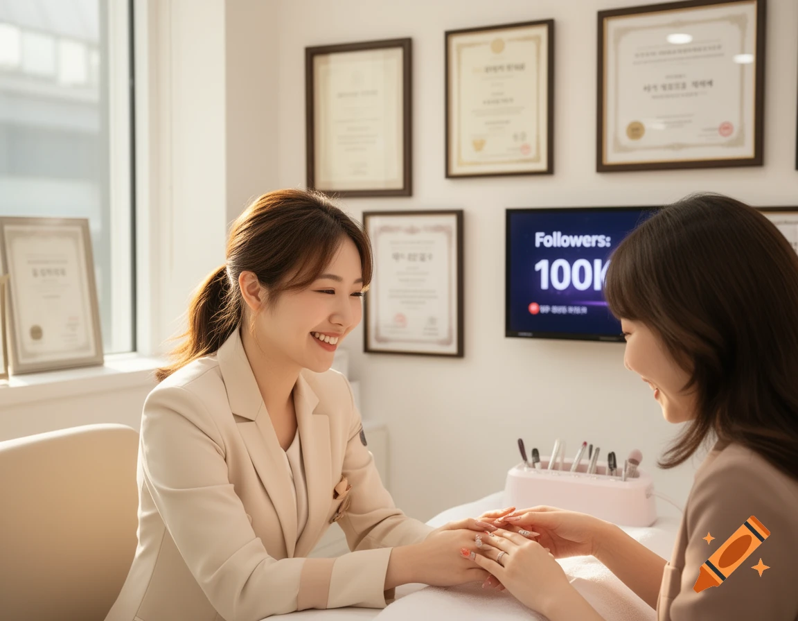 A smiling Korean nail artist gives a manicure to a customer in a bright salon, with 'Followers: 100K' on a TV.