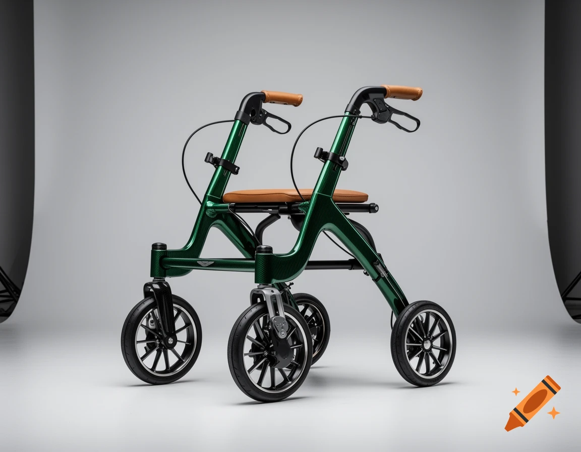 A glossy British Racing Green carbon fiber luxury rollator walker with tan leather handles, sport brakes, and multi-spoke alloy wheels, in a studio.