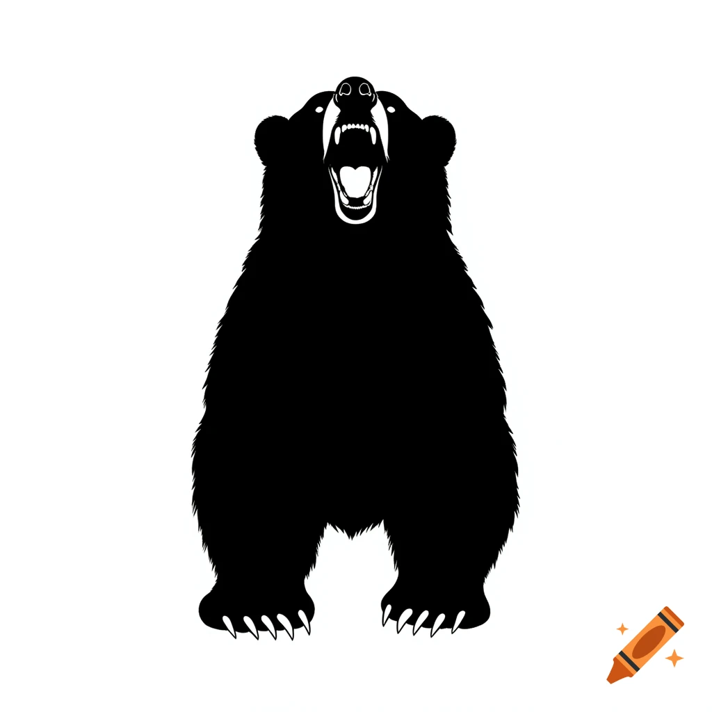 A black silhouette of a roaring bear with white teeth and eyes, standing on a white background.