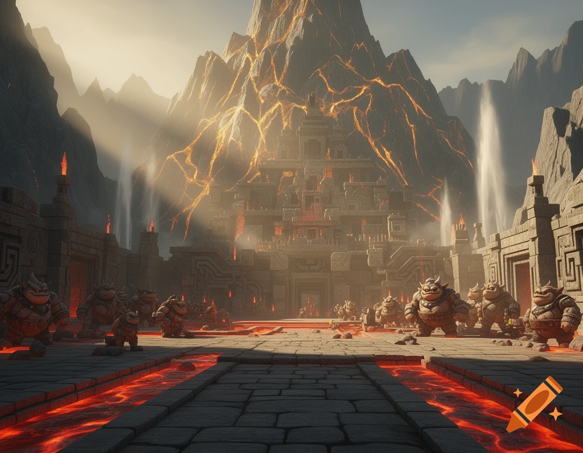 Fantasy city of Gorons with lava flowing through ancient stone architecture, surrounded by mountains and waterfalls under a misty sky.
