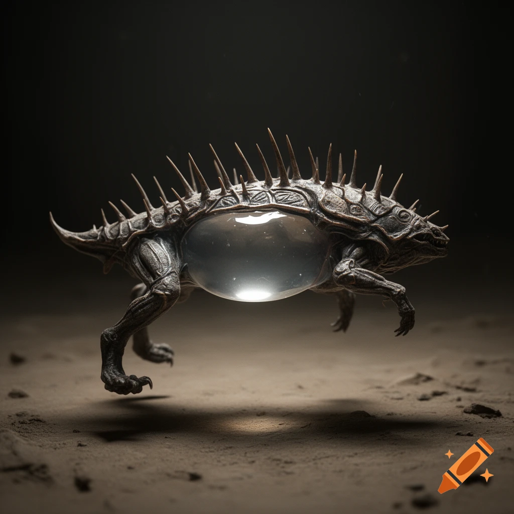A dark, spiky, reptilian creature with a glowing, translucent belly, suspended above gritty ground.