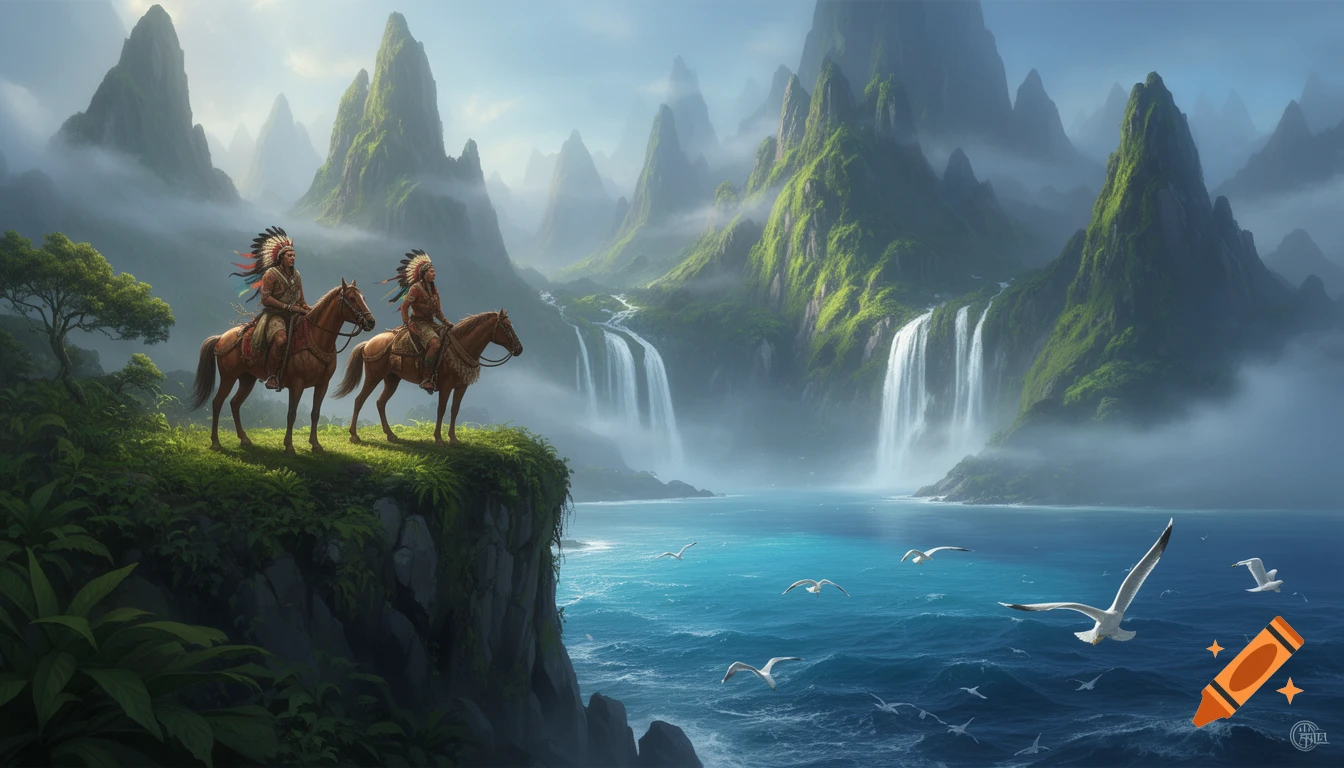 Two indigenous warriors on horseback on a lush cliff overlooking a blue bay with waterfalls and misty, moss-covered mountains, in a high-fantasy style.