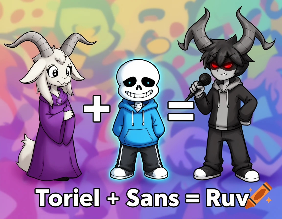A cartoon equation with Toriel and Sans next to a plus sign, equaling Ruv, a horned character holding a microphone, with text 'Toriel + Sans = Ruv'.