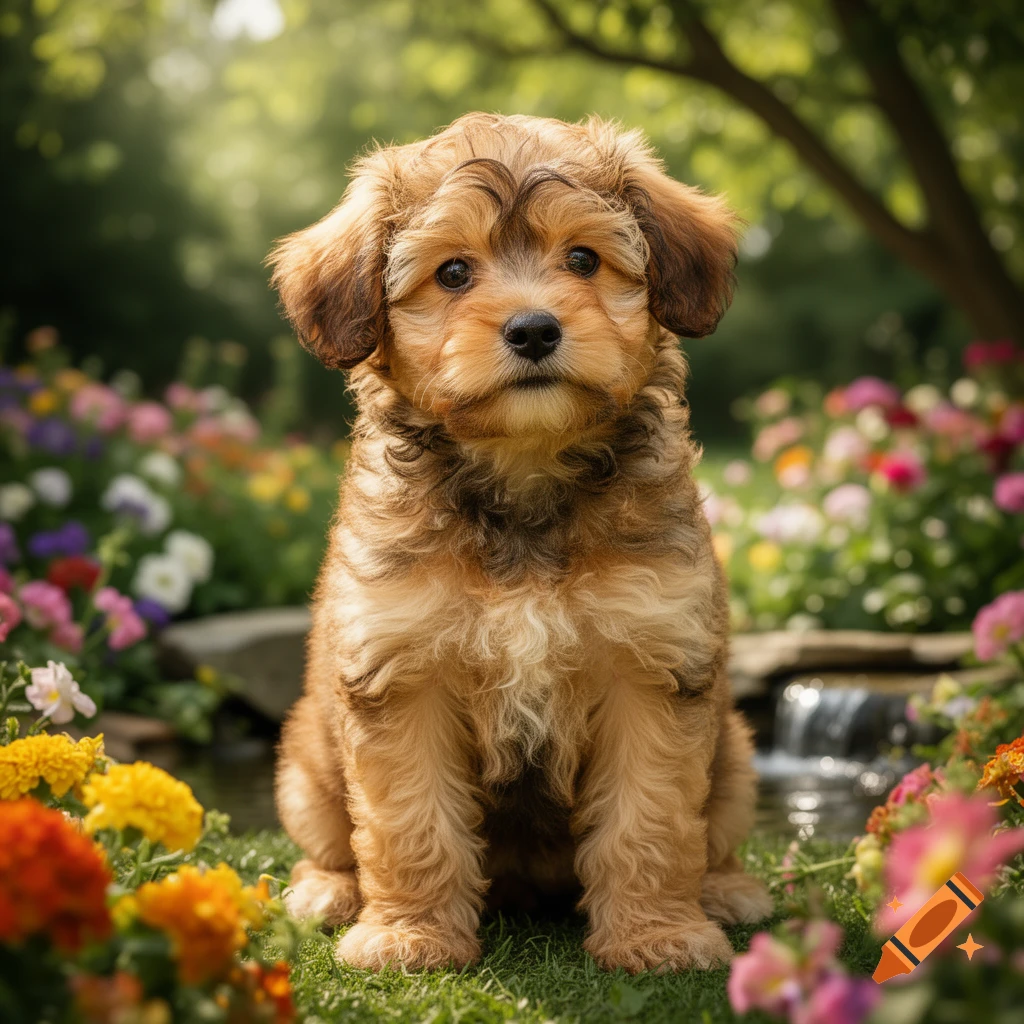 A fluffy brown and tan puppy sits in a vibrant flower garden with a small waterfall.