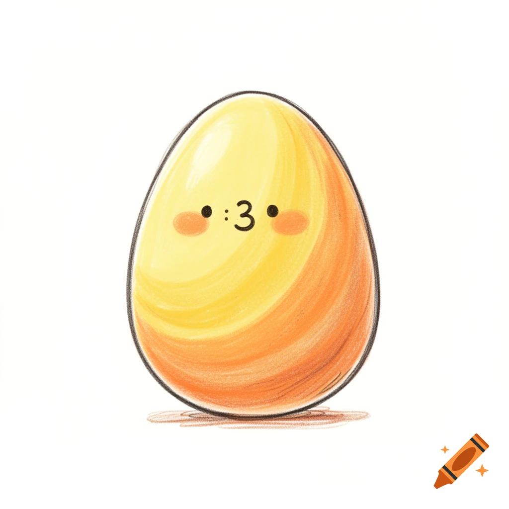 A cute doodle-style cartoon egg character with yellow and orange colors, featuring a ':3' emoticon face.