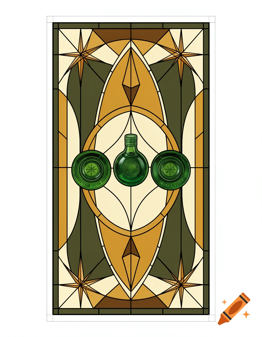 A vertical stained glass panel featuring three green bottle-like rondels and abstract geometric shapes in shades of green, amber, cream, and gold.