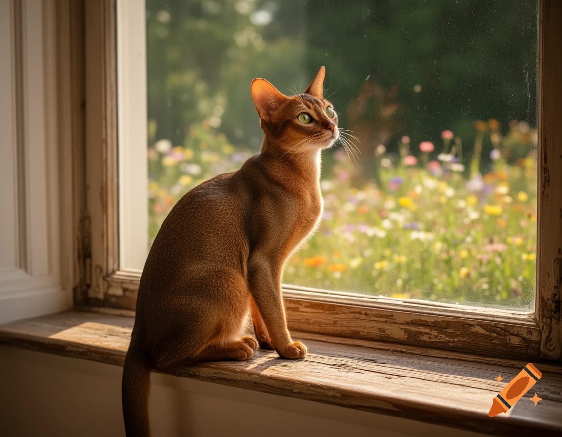 An Abyssinian cat with green eyes sits on a sunlit wooden windowsill, looking out at a blurred field of colorful wildflowers.
