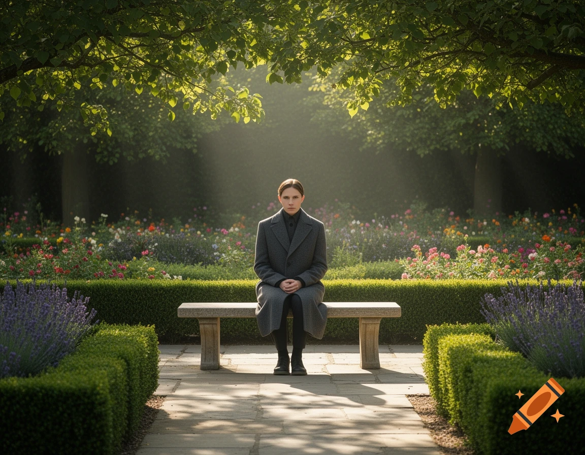 A person in a long grey coat sits stoically on a stone bench in a formal garden with sunlight filtering through trees.
