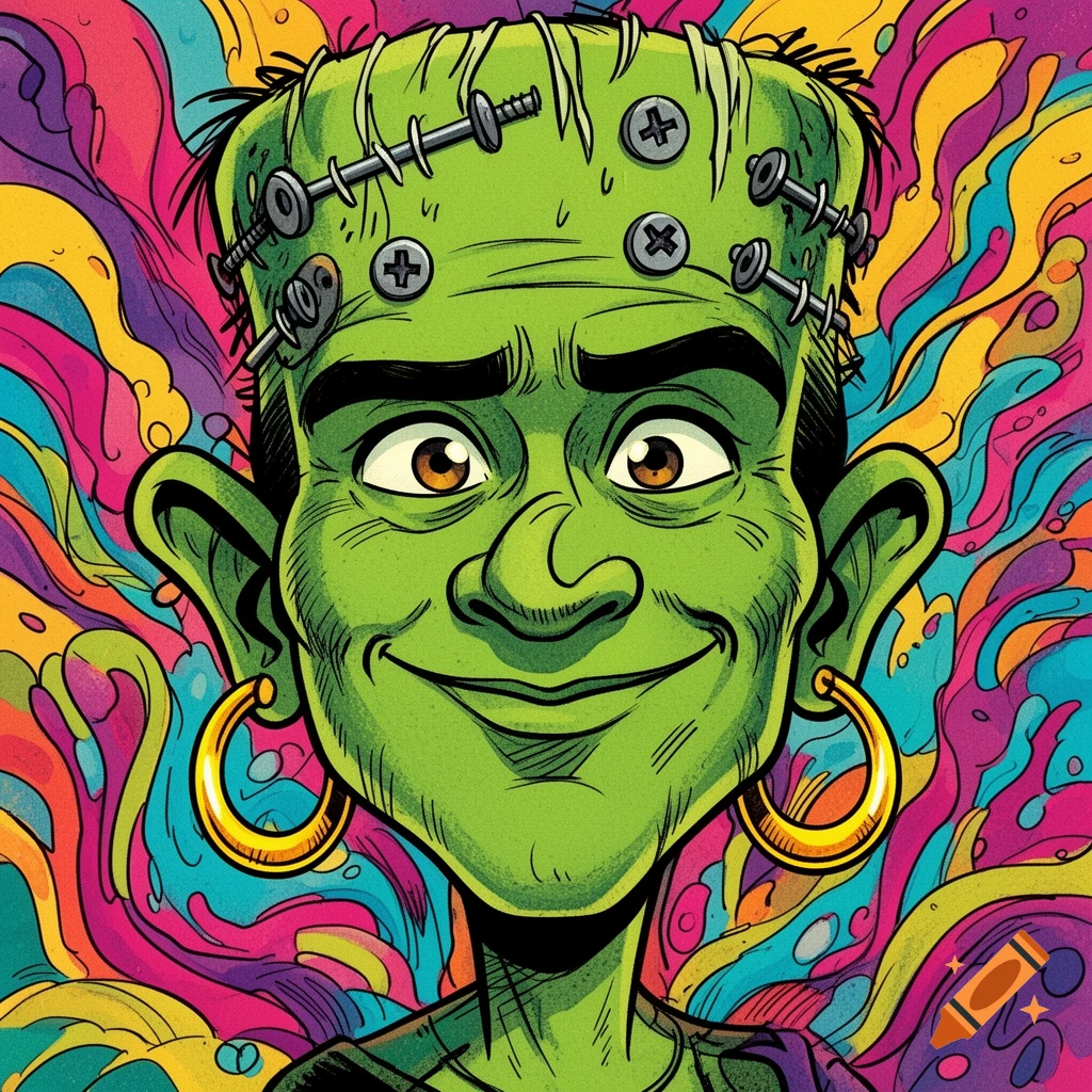 A vibrant cartoon portrait of a green-skinned Frankenstein-like character with bolts on the forehead and gold hoop earrings, set against a psychedelic swirled background.