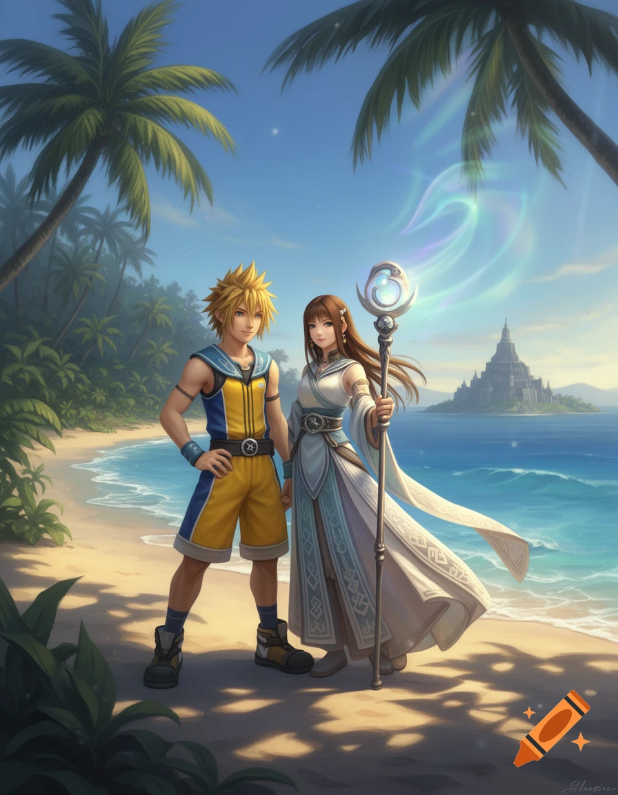 Anime characters on a tropical beach with palm trees and a distant castle. The male has spiky blonde hair, and the female holds a glowing staff.