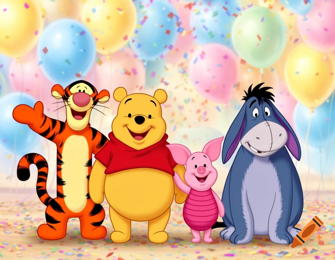 Winnie the Pooh, Tigger, Piglet, and Eeyore smiling at a colorful birthday party with balloons and confetti, in classic 2D cartoon style.