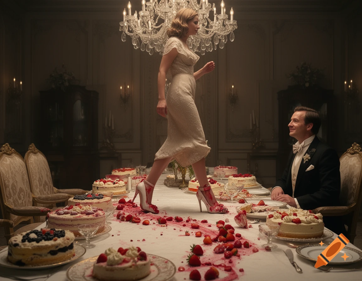A woman in a white dress and high heels walks across a table full of cakes and strawberries, as a man in a suit watches her in a grand room.