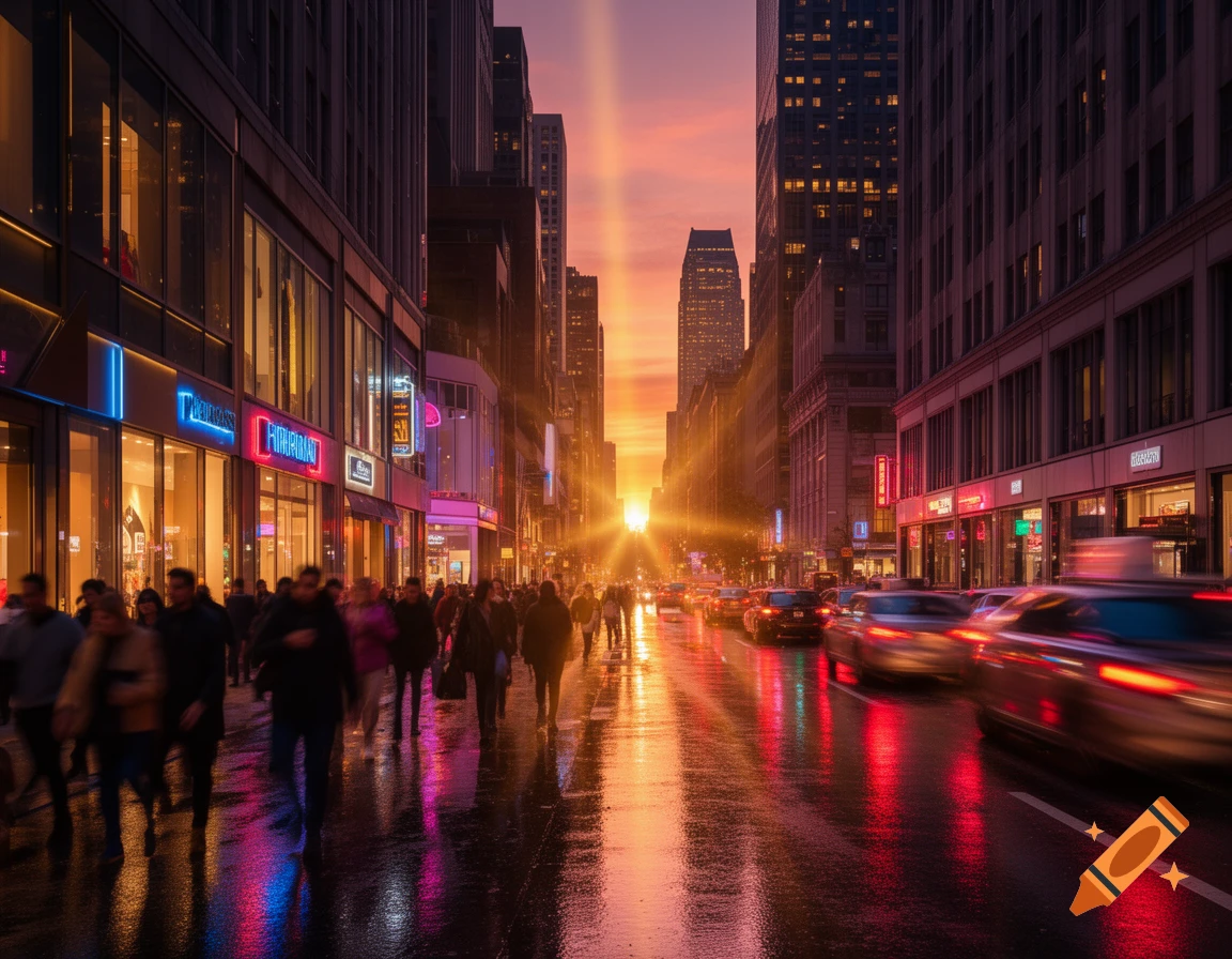 A vibrant city street at sunset with tall buildings, pedestrians, and cars on a wet road reflecting neon lights.