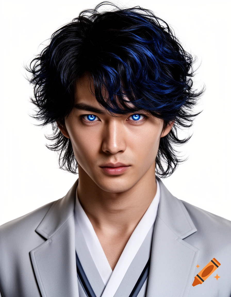Photorealistic portrait of a young Japanese man with black hair, blue highlights, and intense blue eyes, wearing a grey suit jacket against a white background.