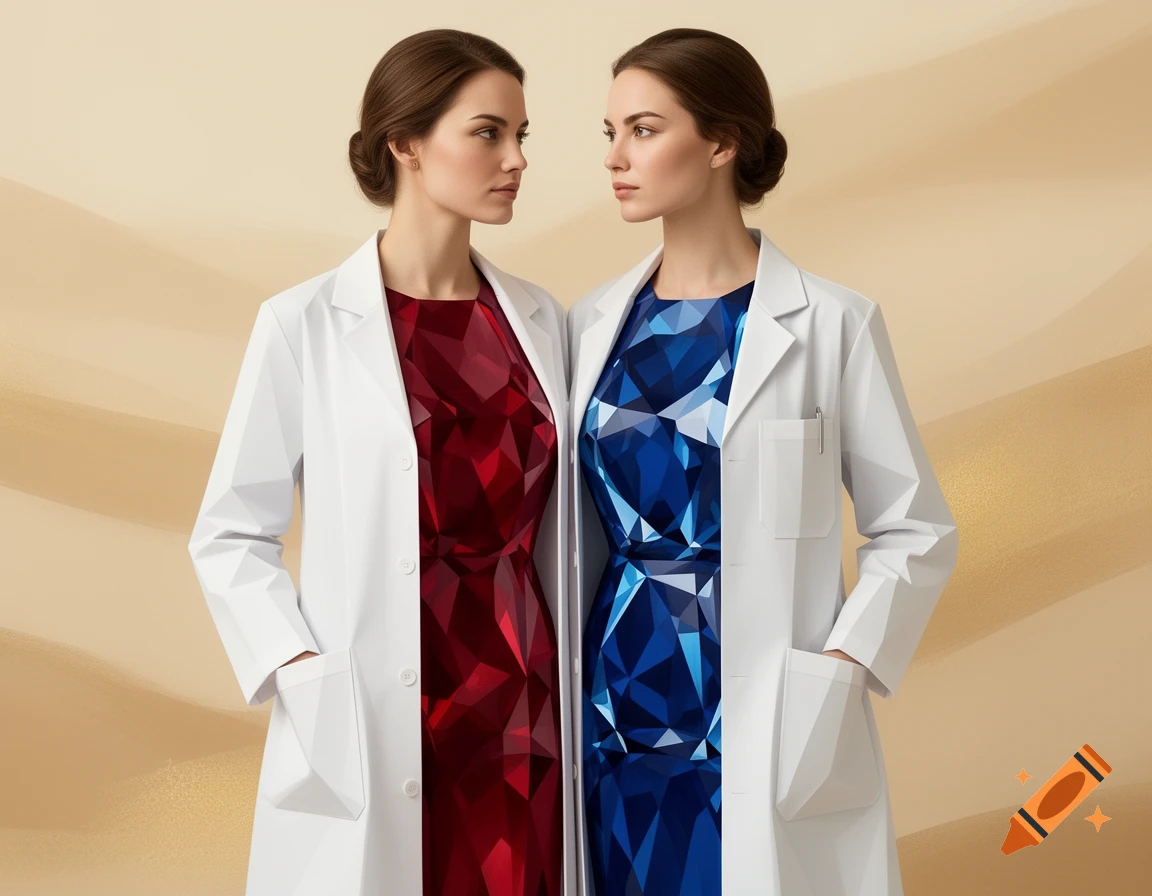 Two women in white lab coats, with geometric red and blue faceted dresses, stand side-by-side.