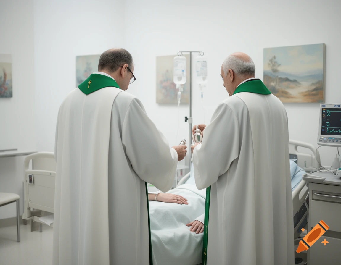 Two priests, seen from behind, administer a sacrament to a patient in a hospital bed in a bright room.