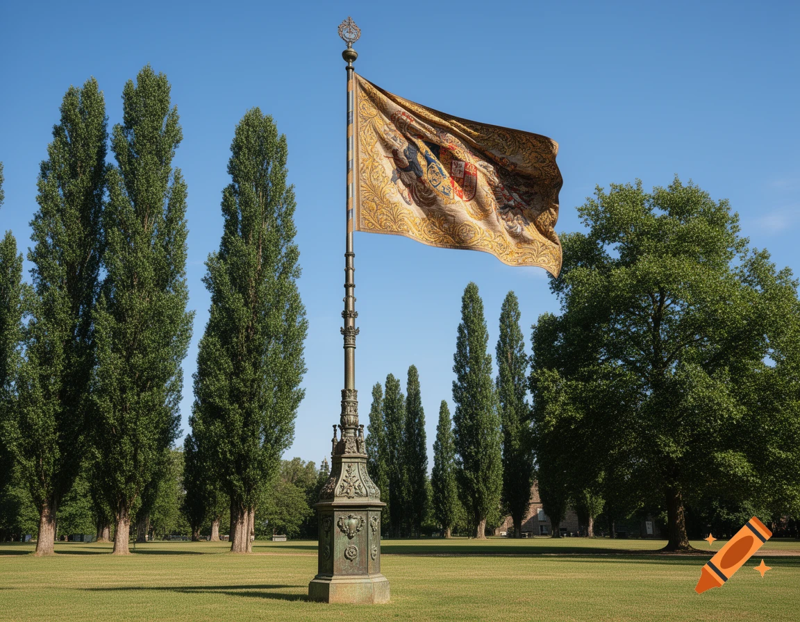 A richly decorated flag with a coat of arms waves from a tall flagpole in a sunny park surrounded by tall trees.