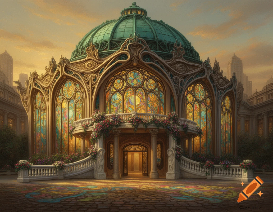 A grand Art Nouveau building with a green dome, elaborate gold trim, and stained glass windows, featuring a floral-decorated winding staircase bathed in golden light.
