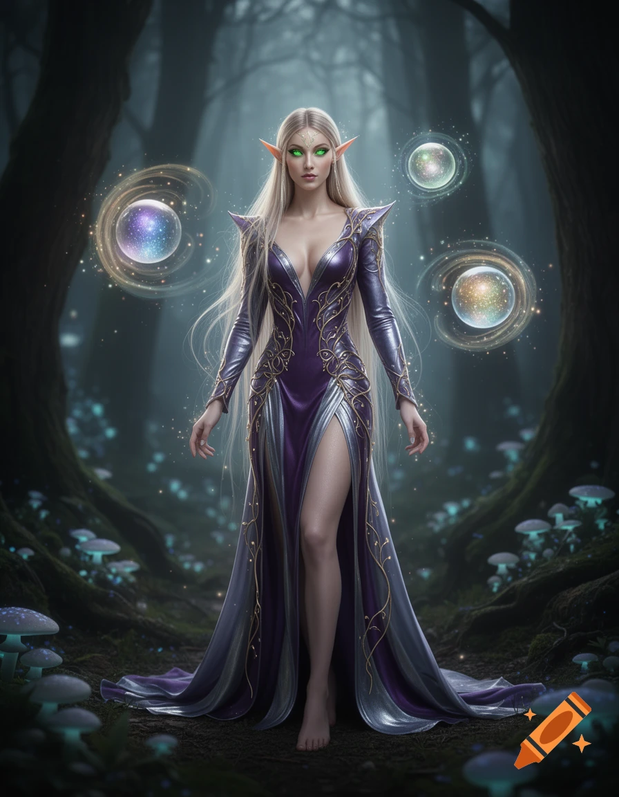 A blonde elf mage with green eyes and pointed ears in a purple and silver gown stands in a dark, magical forest with glowing orbs and mushrooms.