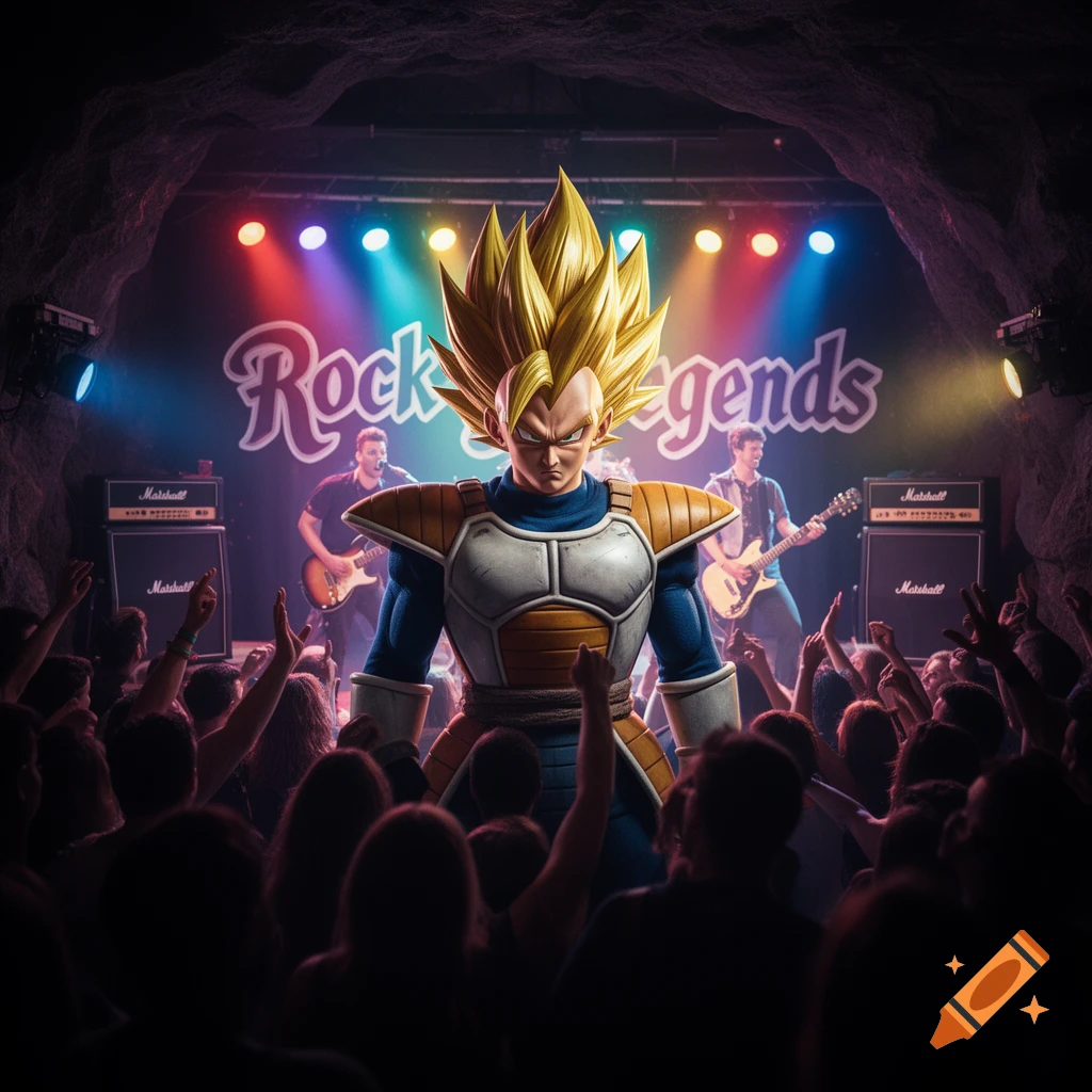 Super Saiyan Vegeta stands on a rock concert stage, a band plays in the background, a crowd cheers, and a "Rock Legends" sign is visible.