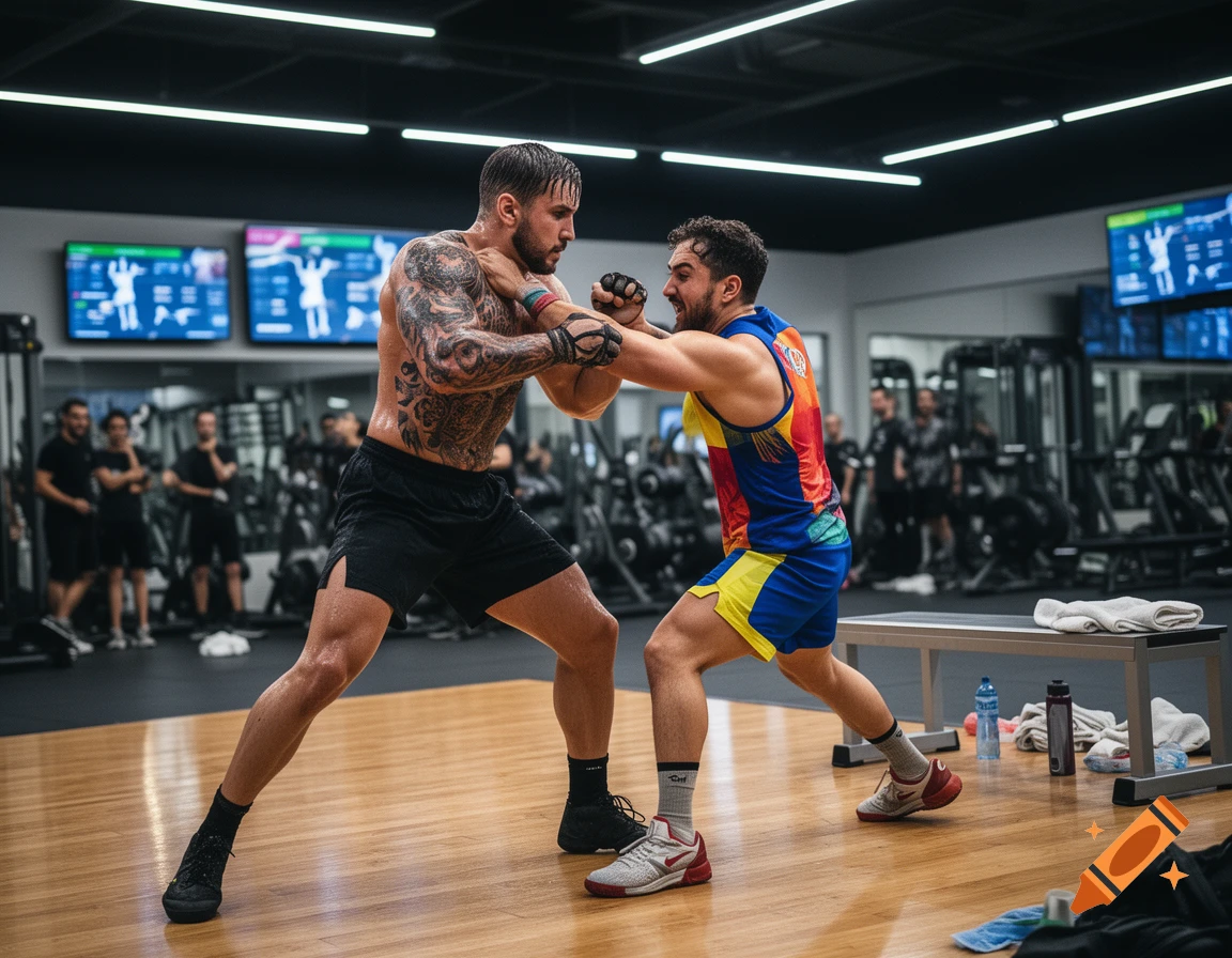 Two muscular men grappling in a gym, with fitness equipment and screens in the background.