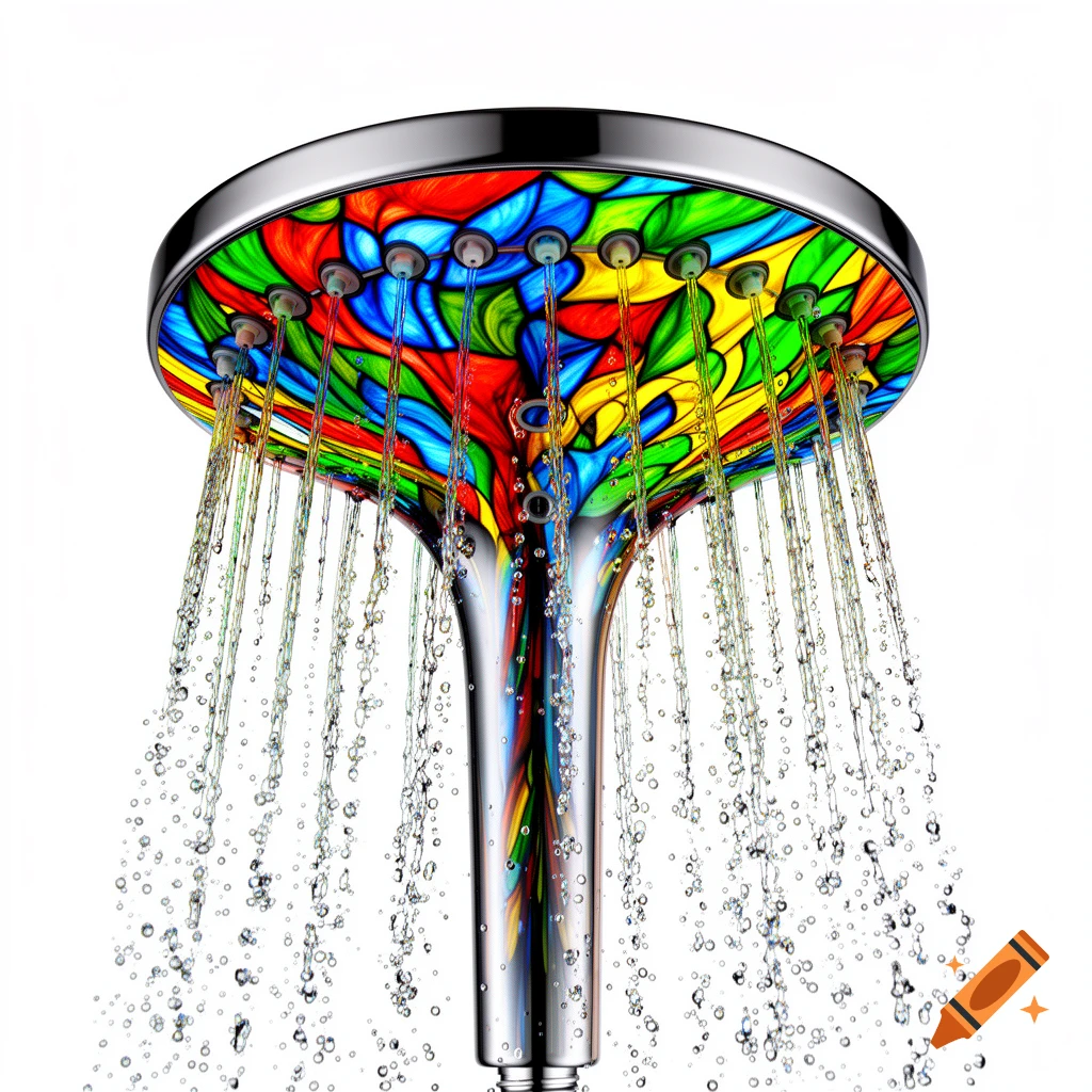 A chrome shower head with a vibrant stained-glass-like design, spraying water against a white background.