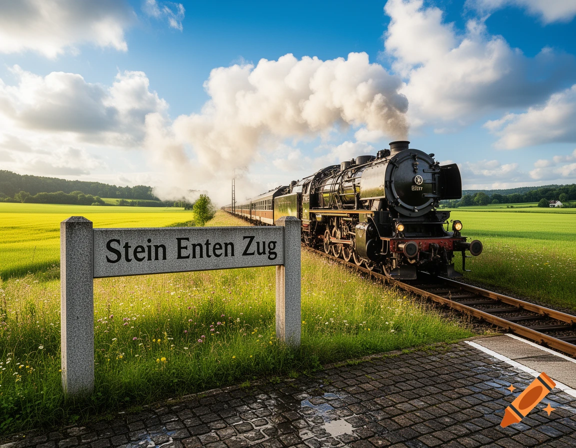 A photorealistic steam train passes a sign reading 'Stein Enten Zug' through vibrant green and yellow fields under a blue sky.