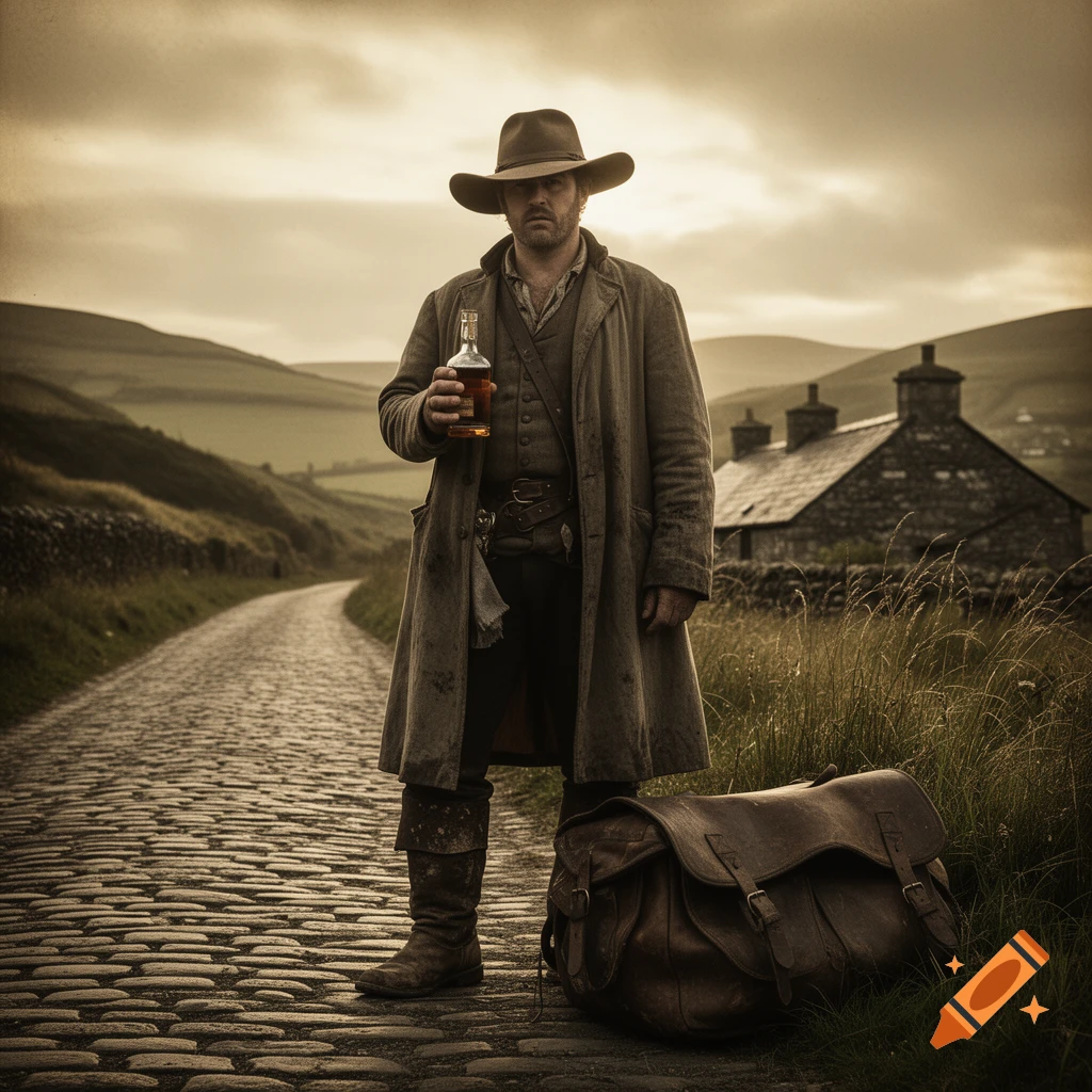 A man in vintage clothing and a cowboy hat stands on a cobblestone road, holding a whiskey bottle, in a sepia-toned rural landscape.