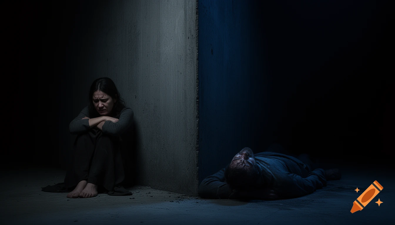 Hyper-realistic photo of a weeping woman on one side of a concrete wall and a dead man on the other in a dark, tragic setting.