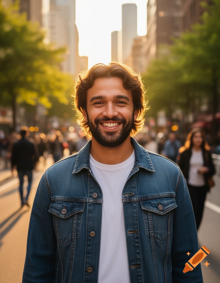 A smiling man with a beard and curly hair in a denim jacket stands on a sunny city street.