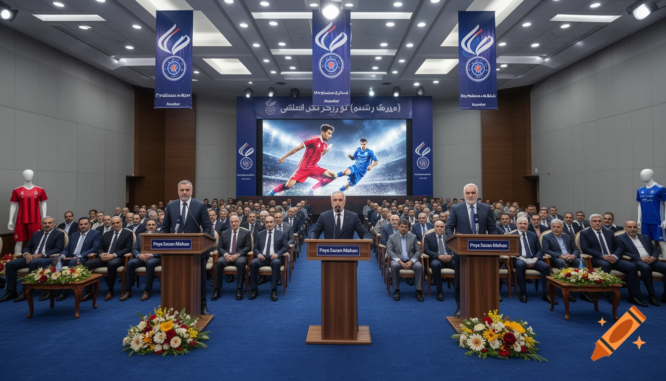 A formal event with three men speaking at podiums in front of a large audience and a screen displaying soccer players. Banners with logos hang from the ceiling.