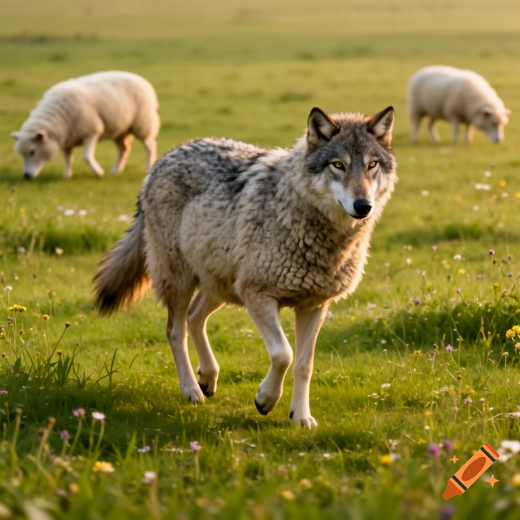 A photorealistic image of a wolf walking in a grassy field with wildflowers, while two sheep graze in the background.
