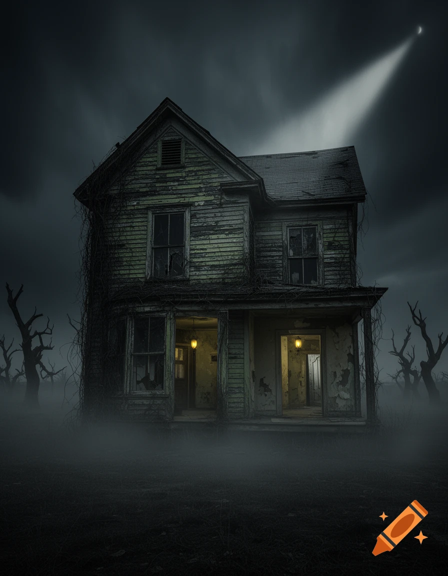 A dilapidated, creepy old house with glowing windows stands in a foggy, dark landscape with bare trees under a cloudy sky.