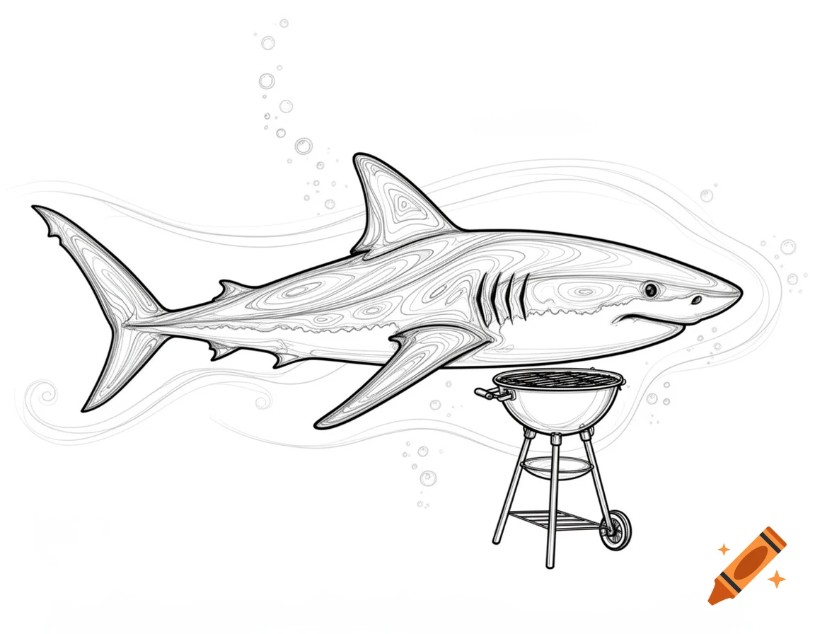 A black and white line drawing of a shark with a wavy, textured body swimming above a charcoal grill, with bubbles and subtle waves in the background.